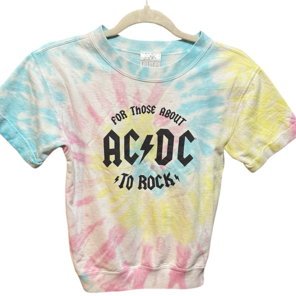 AC/DC Tie Dye T-Shirt Blue Pink Yellow Rock Band Graphic Tee Sz 11/12 Girls